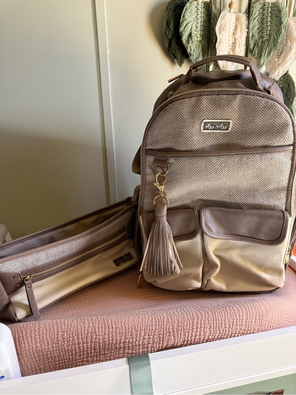 Itzy Ritzy Taupe & Cream Herringbone Convertible Diaper Backpack